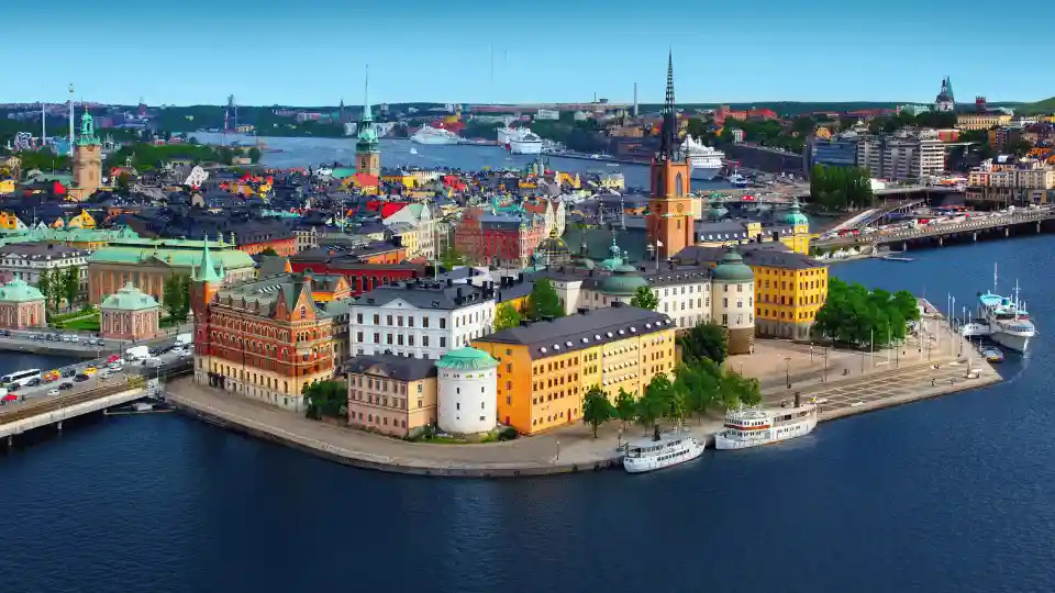 Aerial view of Gamla Stan, Stockholm at sunset